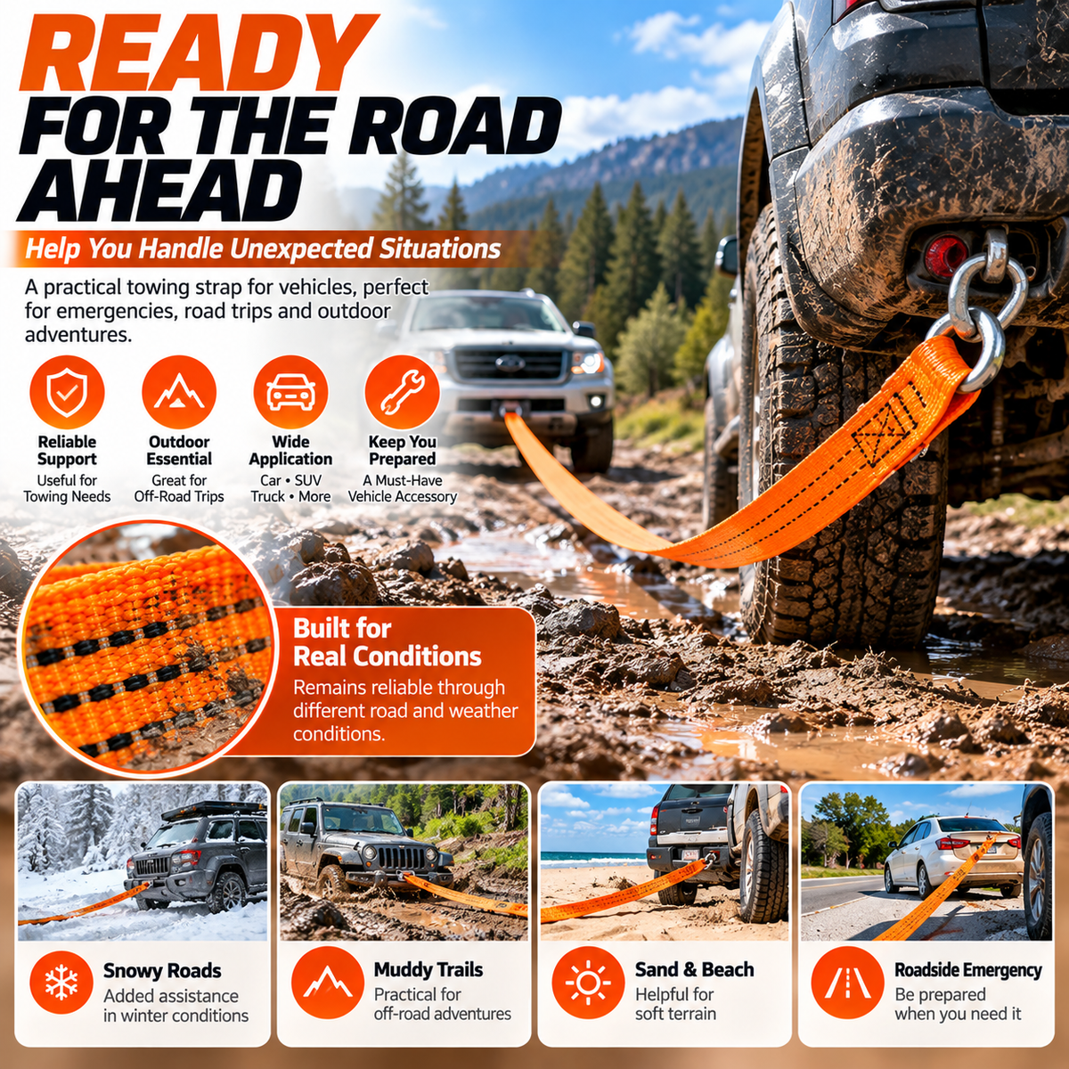 π Heavy-Duty Tow Strap with Metal Hooks β Thickened High-Strength Vehicle Towing Rope