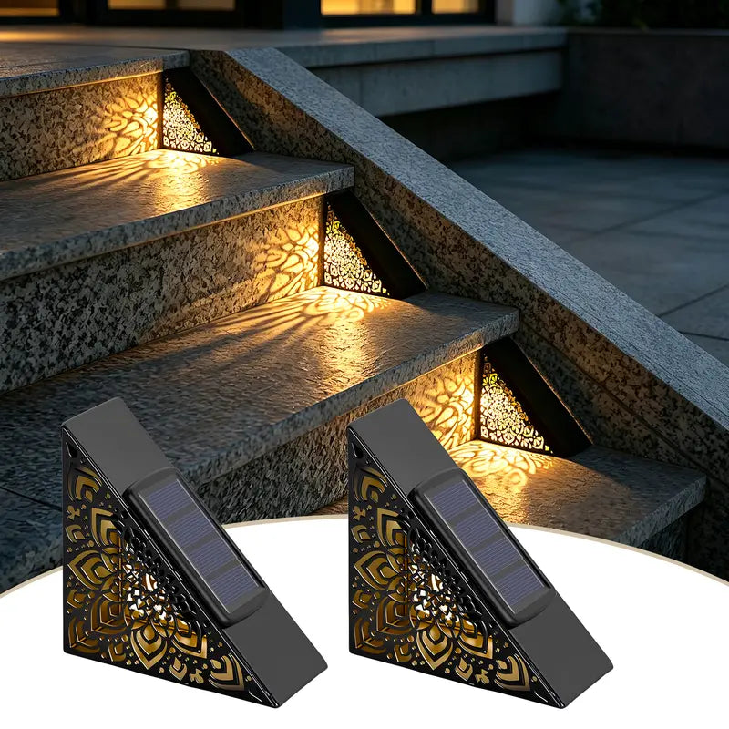 Solar outdoor step lights, IP65 waterproof LED deck/stair lights, color-changing gradient lighting, automatic dusk-to-dawn warm white light, solar-powered.