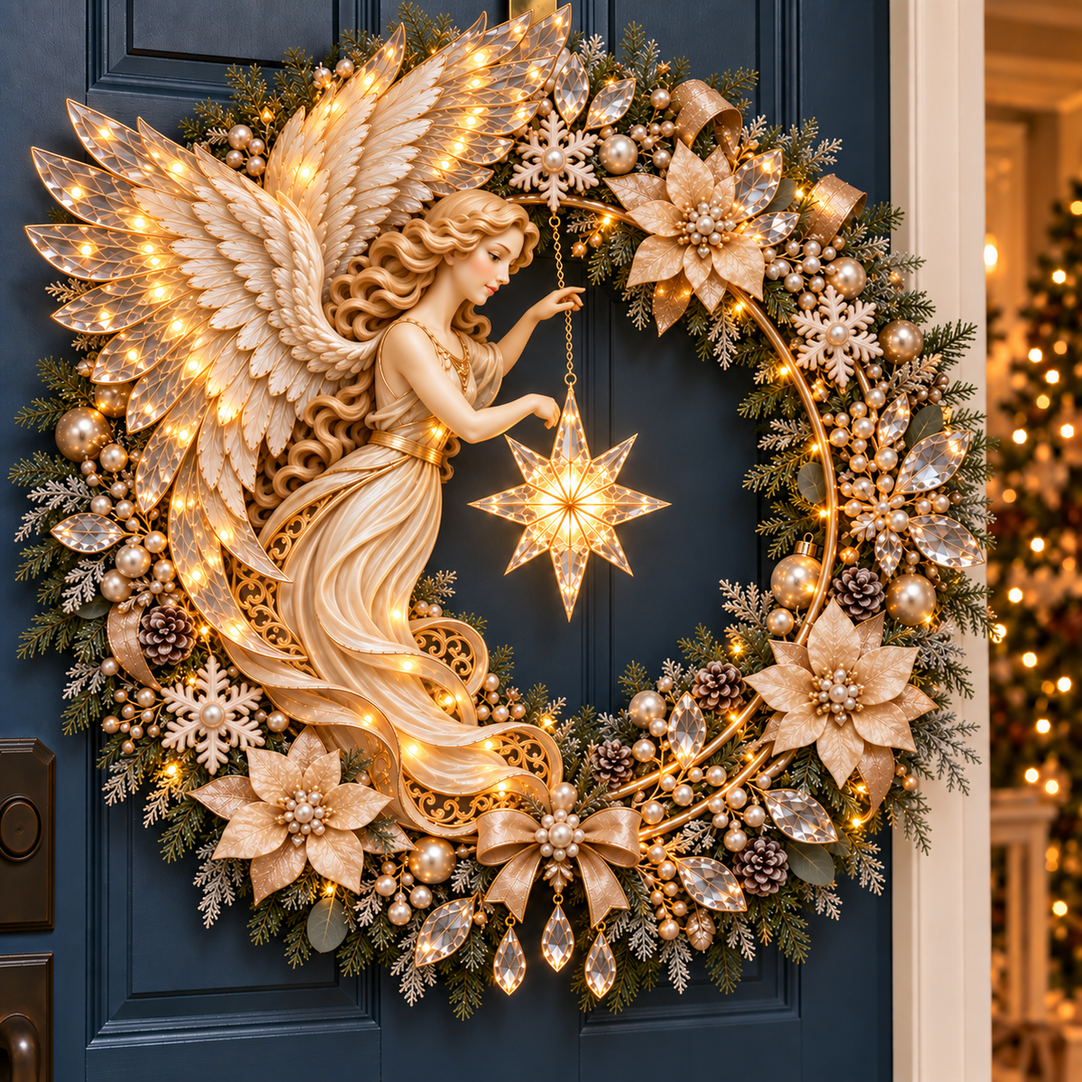 β¨ Heavenly Angel Christmas Wreath π Lighted Holiday Door Decor with Glowing Star