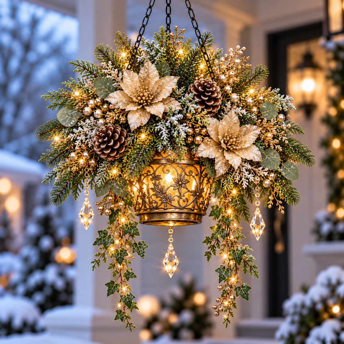 🔥Last Day 50%🎄Lighted Christmas Hanging Basket – Elegant Winter Floral Decor with Warm Glow for Porch & Entryway