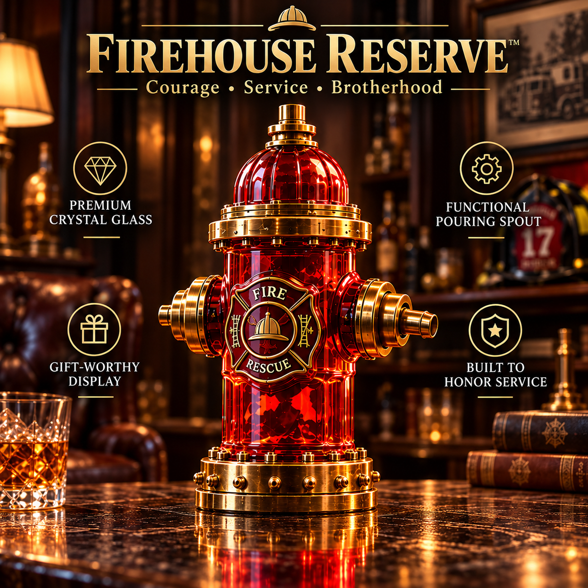 🚒 Firefighter Tribute Hydrant Whiskey Decanter – Red & Gold Memorial Display Gift