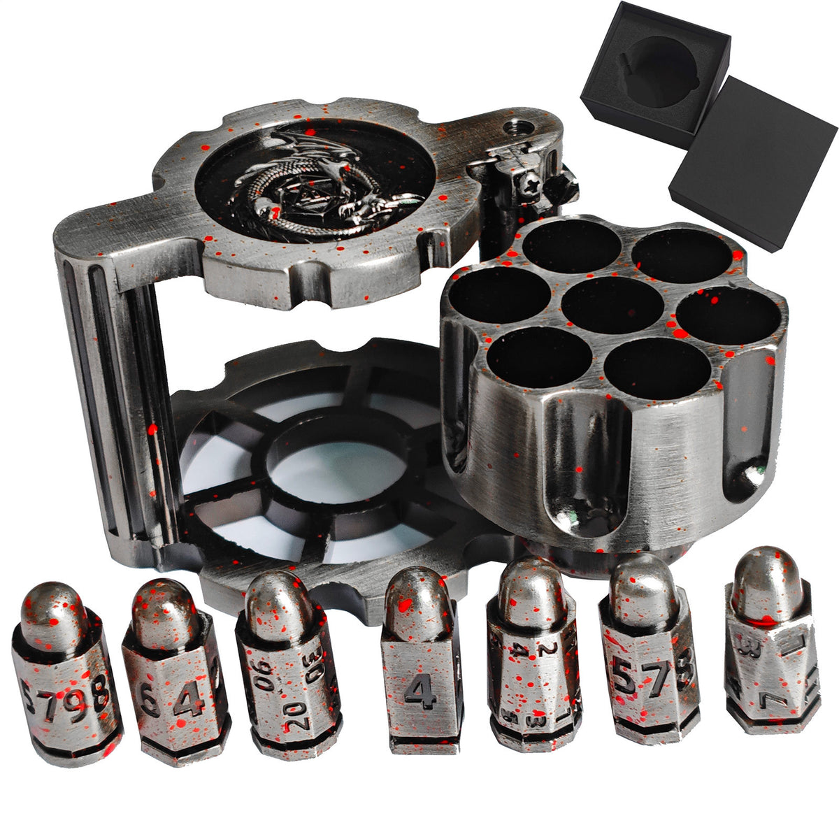 7PCS Metal Revolver Dice Set - Bullet-Design Polyhedral Game Pieces with Industrial Look, Premium Accessory for Tabletop Play RPG Games, Gift for Players