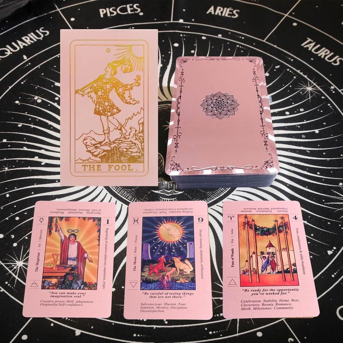 Witchy Cauldron Rose Gold Tarot Cards with Guide Book Waterproof Wrinkle Resistant Foil Tarot Deck for Beginners Includes Chakras Planets Zodiac Signs Elements & Affirmations