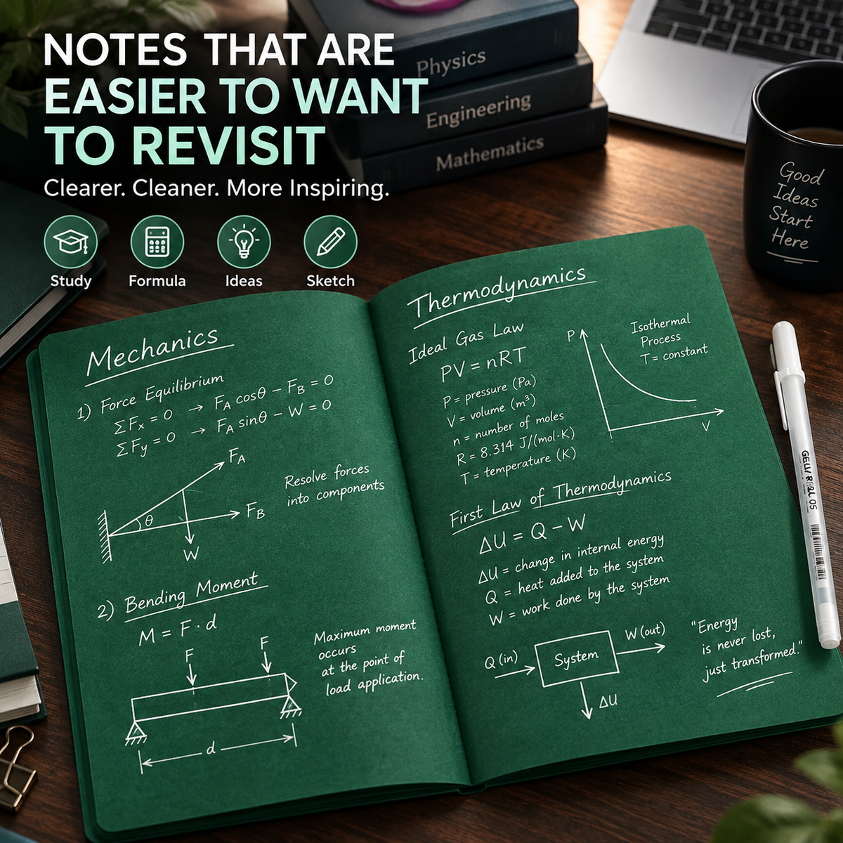 π Deep Green Blank Notebook with White Gel Pen | Aesthetic Writing & Sketch Journal