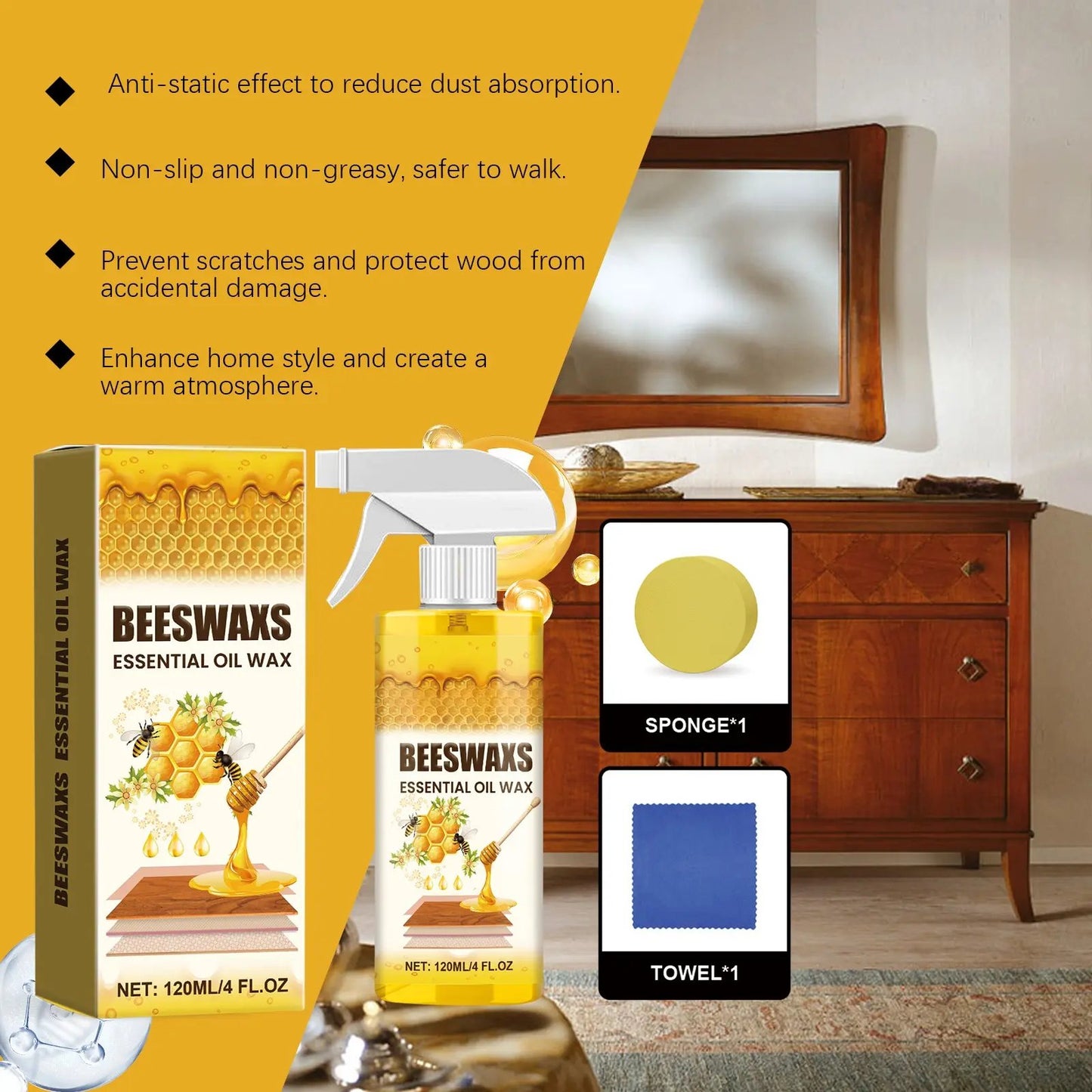 🧼✨Beeswax Wood Polish Spray 120ml | Natural Shine & Protection for Furniture, Floors, Cabinets – Non-Greasy, Anti-Dust Finish