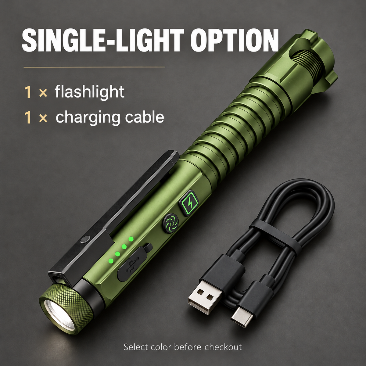 Single-light option with flashlight and charging cable