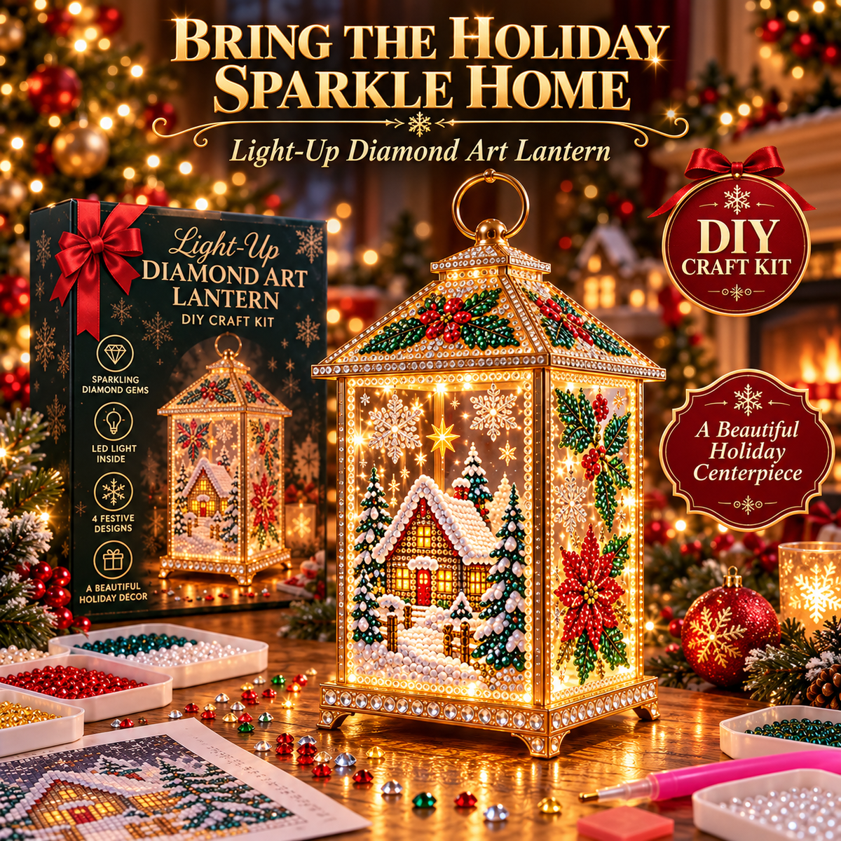 Light-Up Diamond Art Christmas Lantern DIY Craft Kit