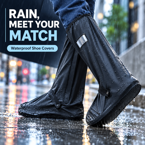 Black waterproof shoe covers in rain