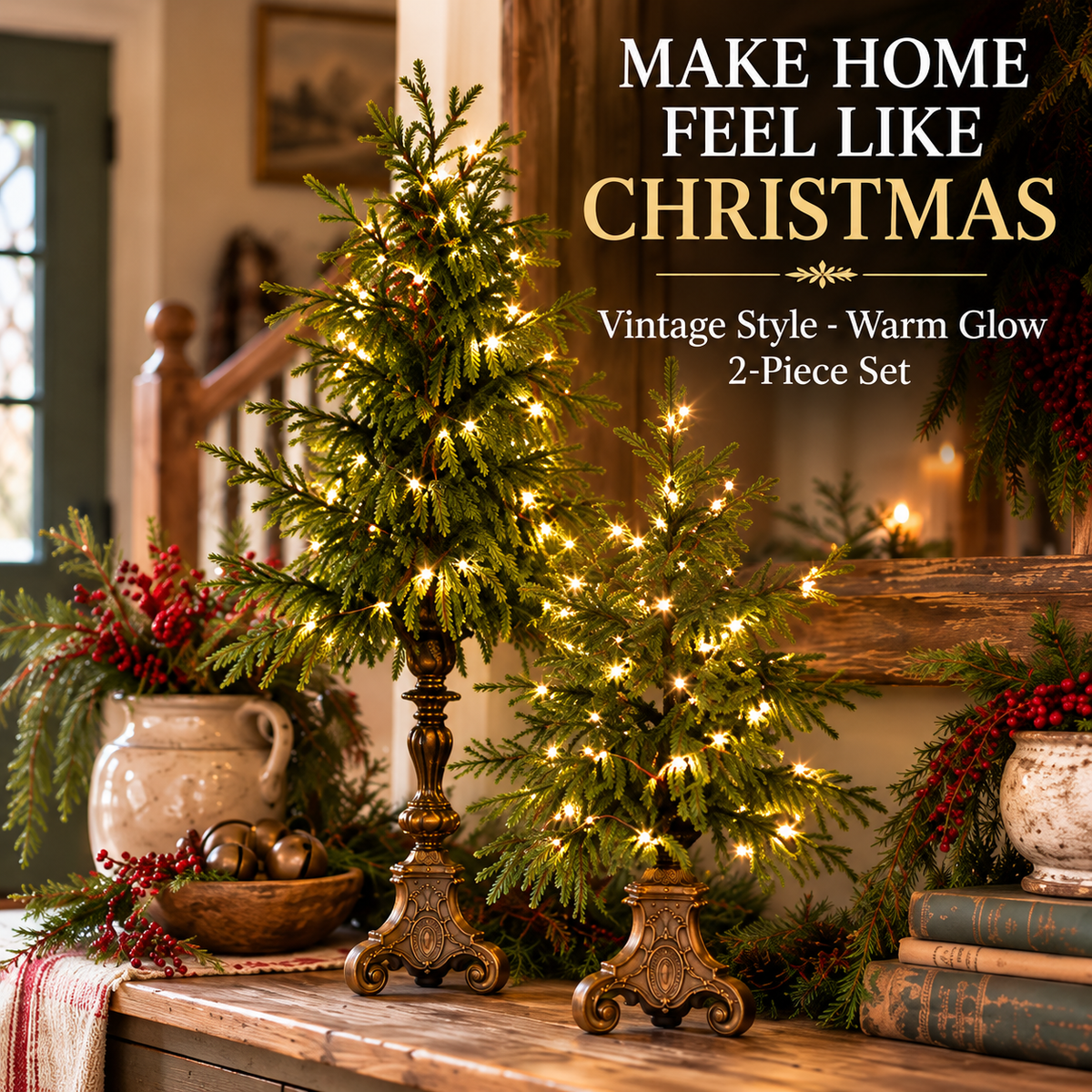 🔥Last Day 50%🎄 Vintage Lighted Norfolk Pine Trees ✨ Warm Glow Christmas Tabletop Decor with Antique-Style Base