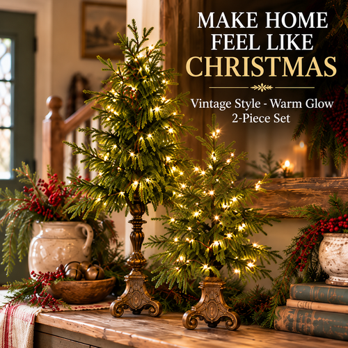 🔥Last Day 50%🎄 Vintage Lighted Norfolk Pine Trees ✨ Warm Glow Christmas Tabletop Decor with Antique-Style Base