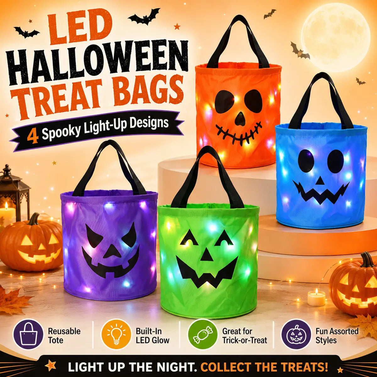 🎃 Light-Up Halloween Trick-or-Treat Bags – Reusable LED Candy Buckets