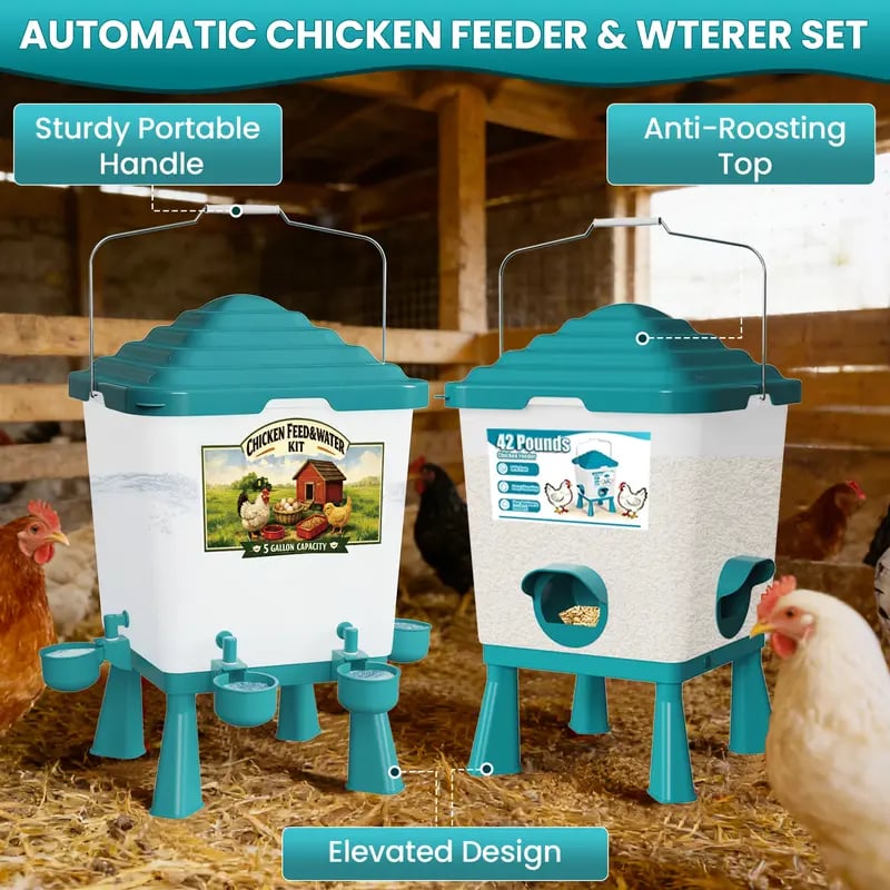 🐔 42LB Chicken Feeder & 5 Gal Waterer Set – No-Waste Auto Poultry Feeder with Cups – Complete Coop Kit 💧