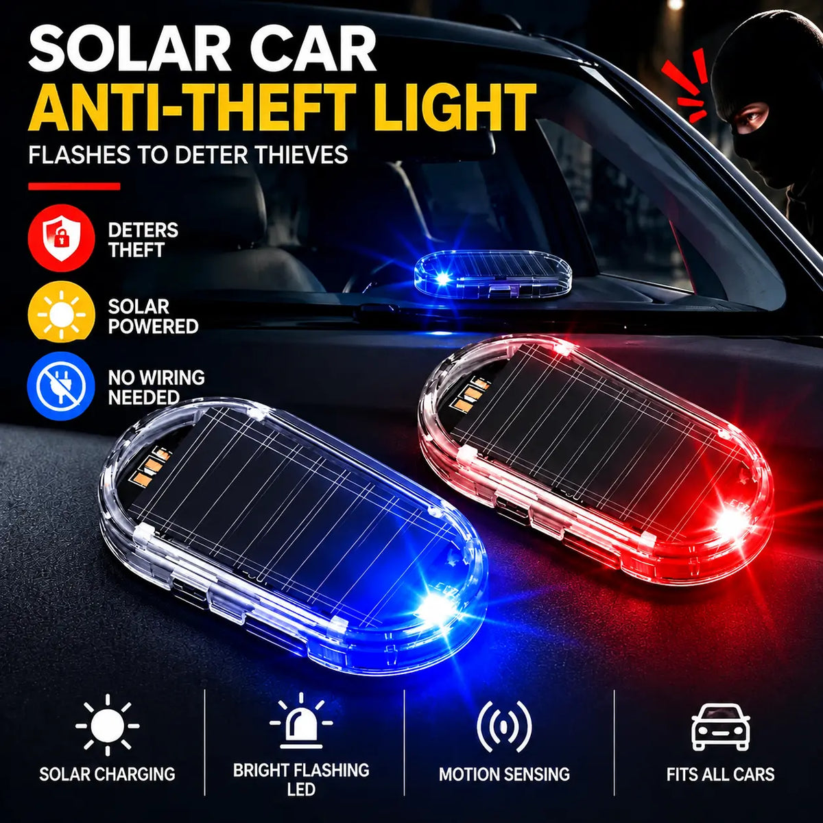Solar Powered Fake Car Alarm Light, Auto Light Sensor LED Simulated Security Warning Flashing Light, No Wiring DIY Car Anti-Theft Dummy Alarm Lamp