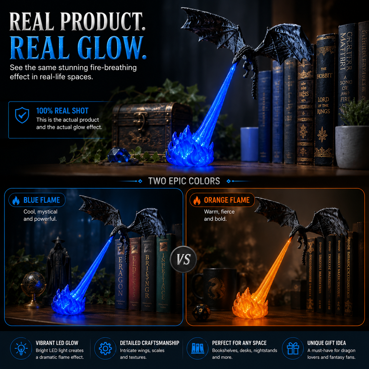 🔥Hot Selling 🐉 | 3D Fire-Breathing Dragon LED Display – Fantasy Bookshelf Decoration