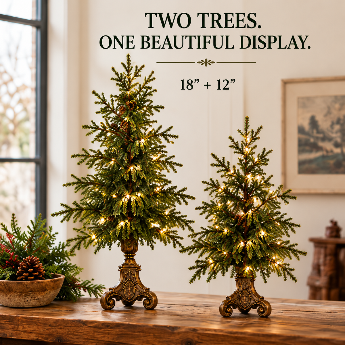 🔥Last Day 50%🎄 Vintage Lighted Norfolk Pine Trees ✨ Warm Glow Christmas Tabletop Decor with Antique-Style Base