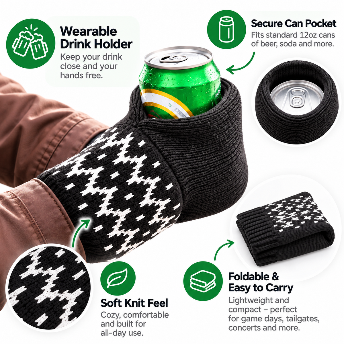 🍻 Hands-Free Wearable Can Holder – Cozy Knit Drink Sleeve for Game Day