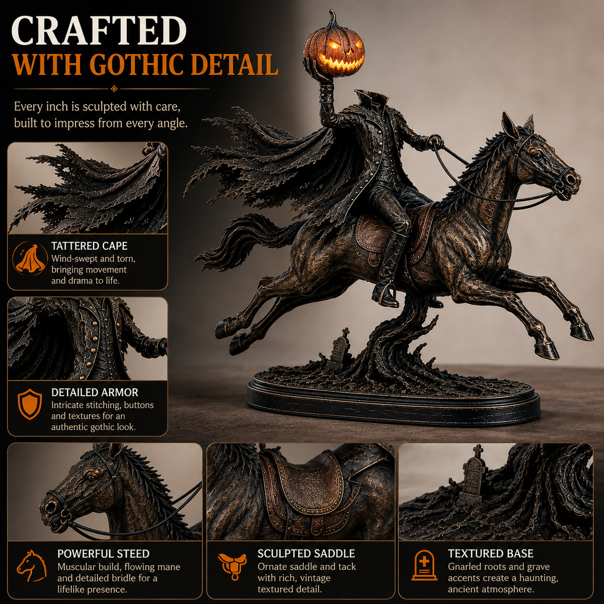 🎃 HOT SALE | Lighted Headless Horseman Statue – LED Pumpkin Halloween Decor for Mantel, Desk & Home