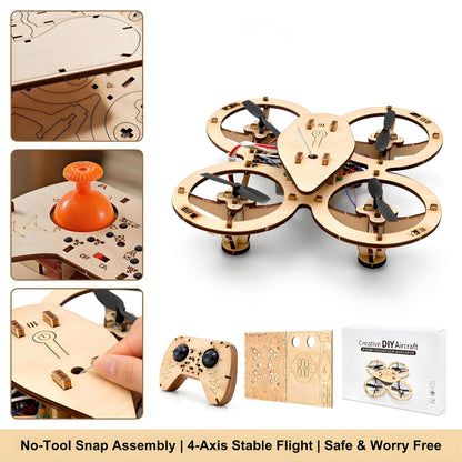 🔥Top Gift 2026 🎁 DIY Wooden Drone Assembly Kit, 2.4GHz RC Quadcopter with 360° Flip, Emergency Stop & Beginner Friendly Controls, STEM Building Toy for Teens & Adults