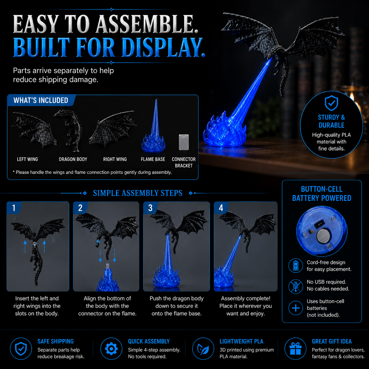 🔥Hot Selling 🐉 | 3D Fire-Breathing Dragon LED Display – Fantasy Bookshelf Decoration