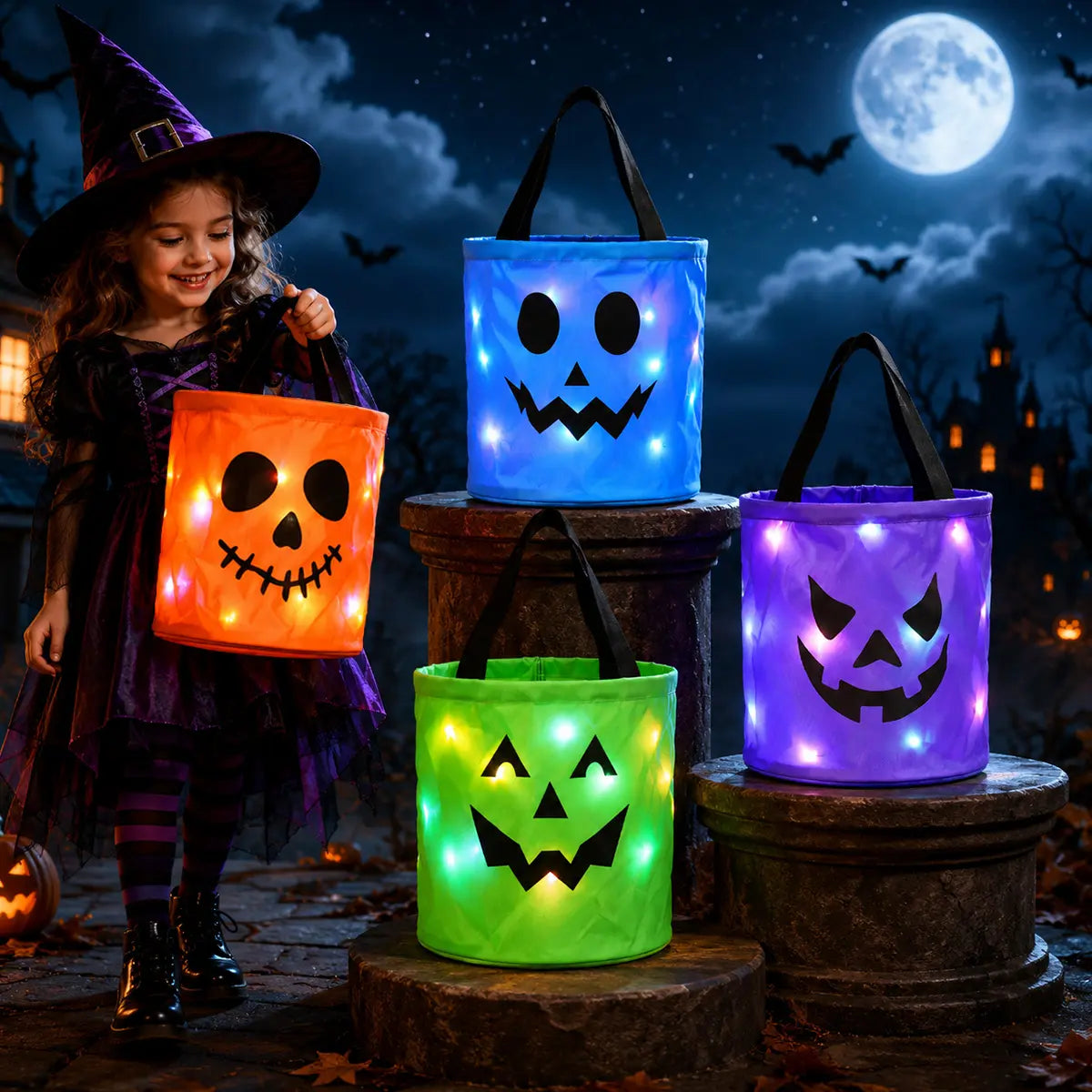 🎃 Light-Up Halloween Trick-or-Treat Bags – Reusable LED Candy Buckets