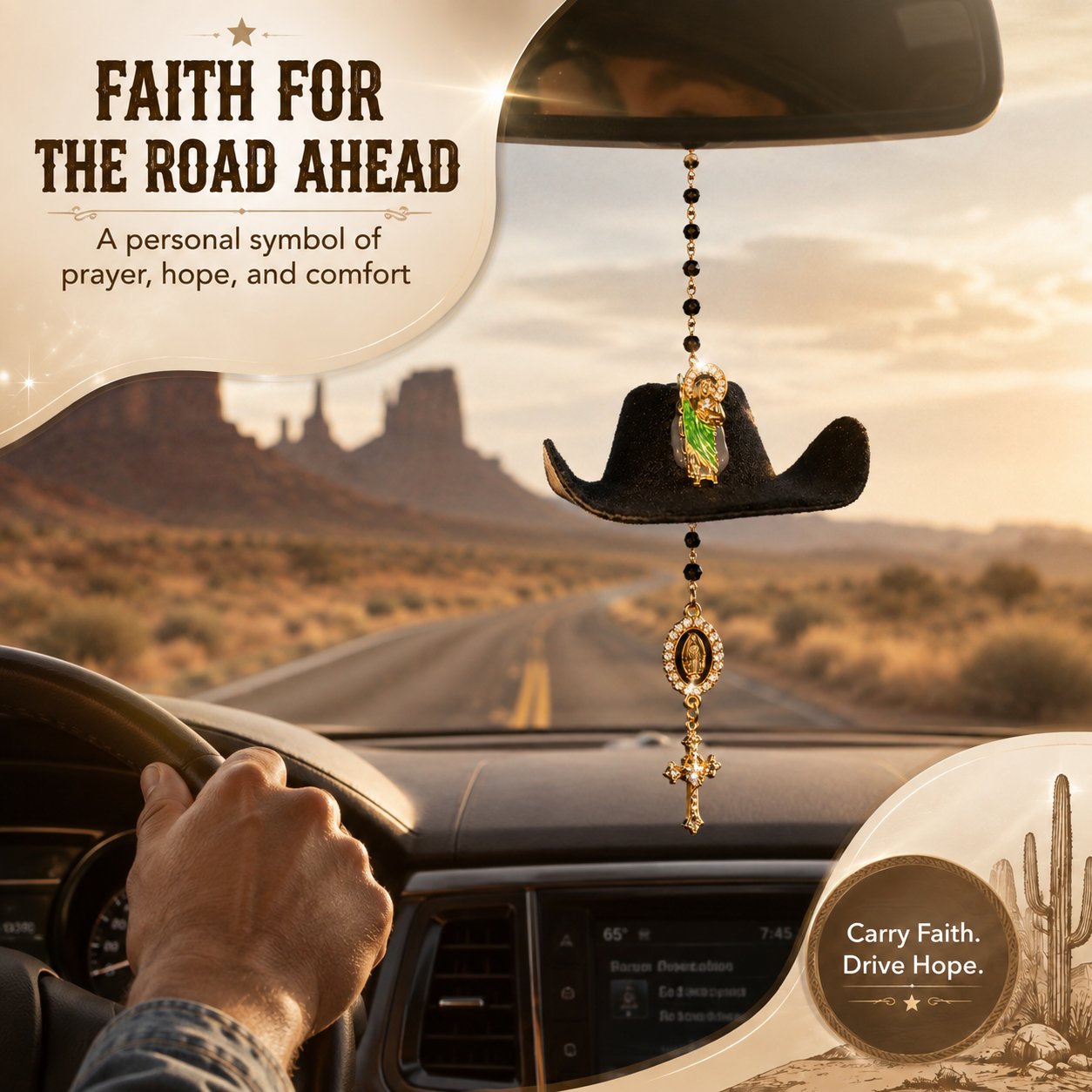Cowboy Hat Jesus Rosary Car Charm