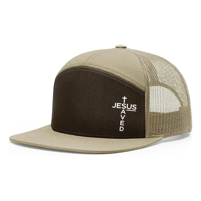 Unisex Printed Cross 'Jesus Saved' Flat Bill Trucker Hat - Color Block, Breathable Mesh