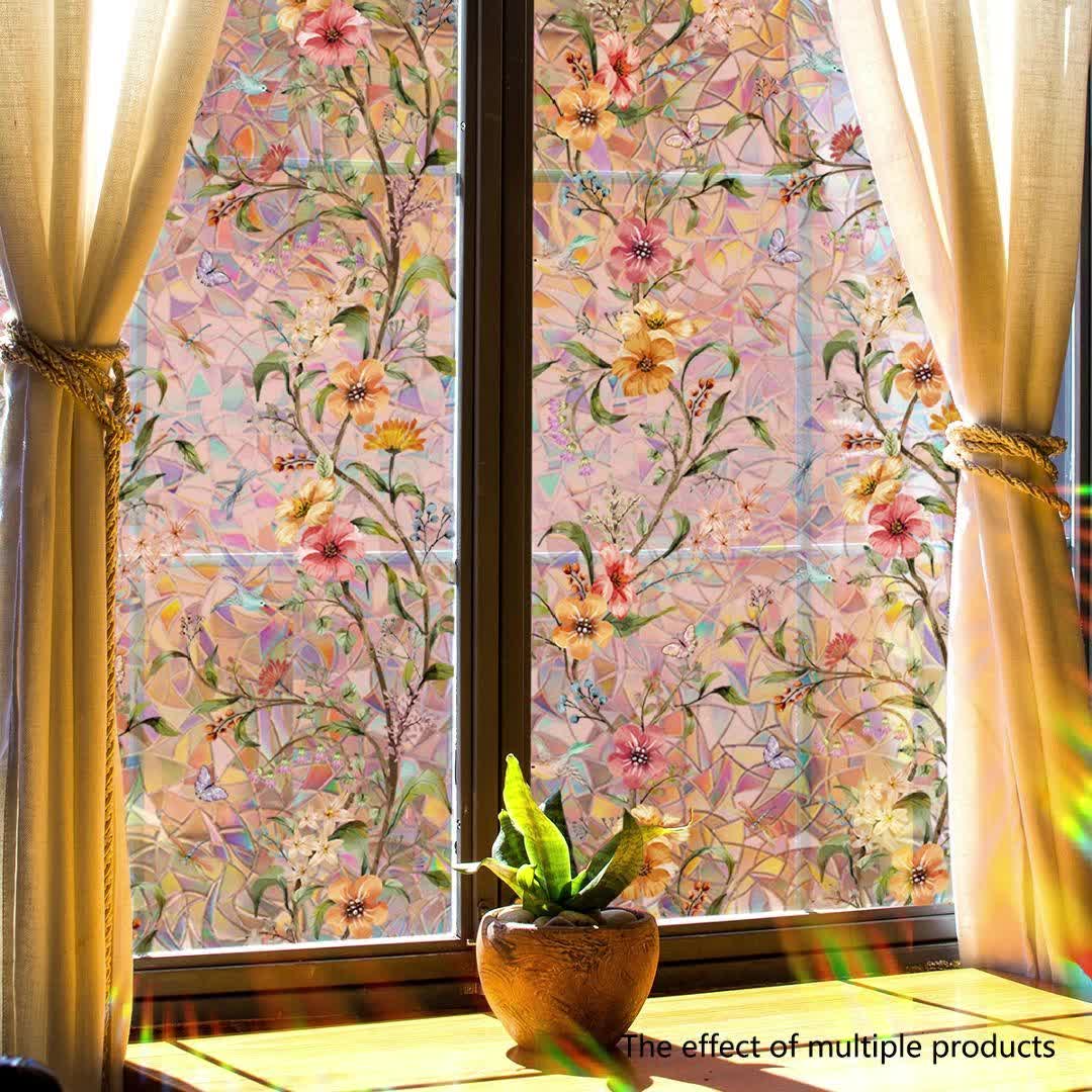 🔥Hot Sale 49% OFF –Floral Stained Glass Window Film 🌈 UV Blocking • Soft Privacy • Rainbow Light Effect