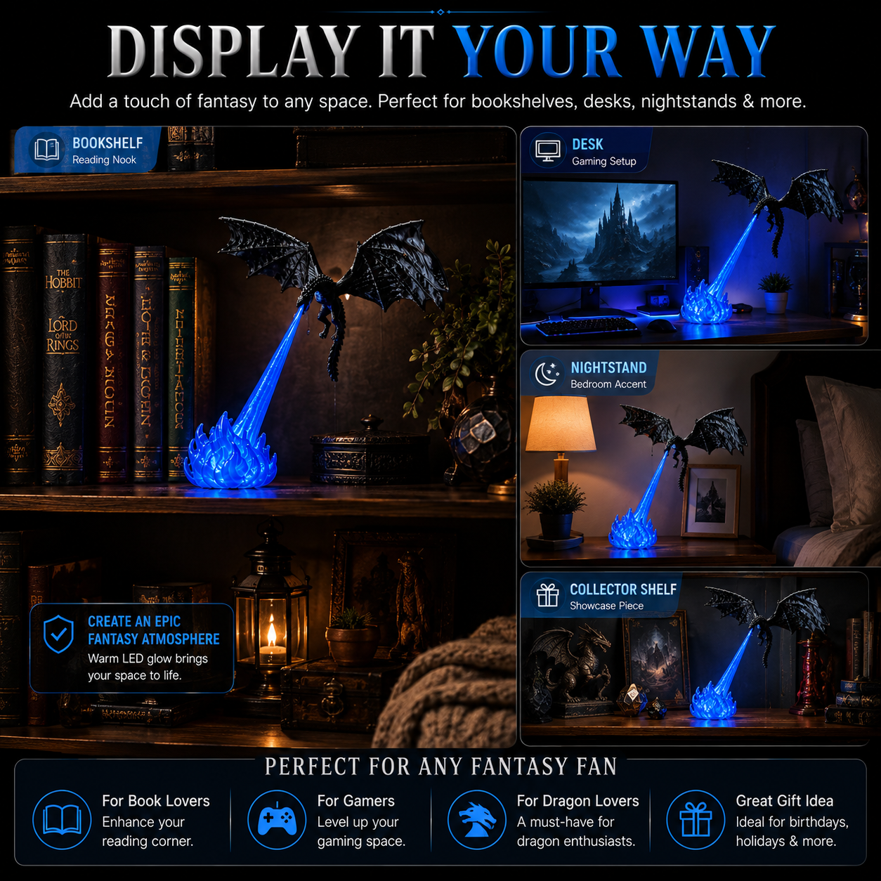 🔥Hot Selling 🐉 | 3D Fire-Breathing Dragon LED Display – Fantasy Bookshelf Decoration