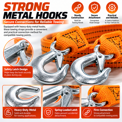 🚗 Heavy-Duty Tow Strap with Metal Hooks – Thickened High-Strength Vehicle Towing Rope