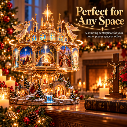 🔥LAST DAY 49% OFF✝️✨ Journey of Faith™ – 360° Rotating Lighted Bible Story Nativity Display with Angelic Cathedral & Sacred Scenes