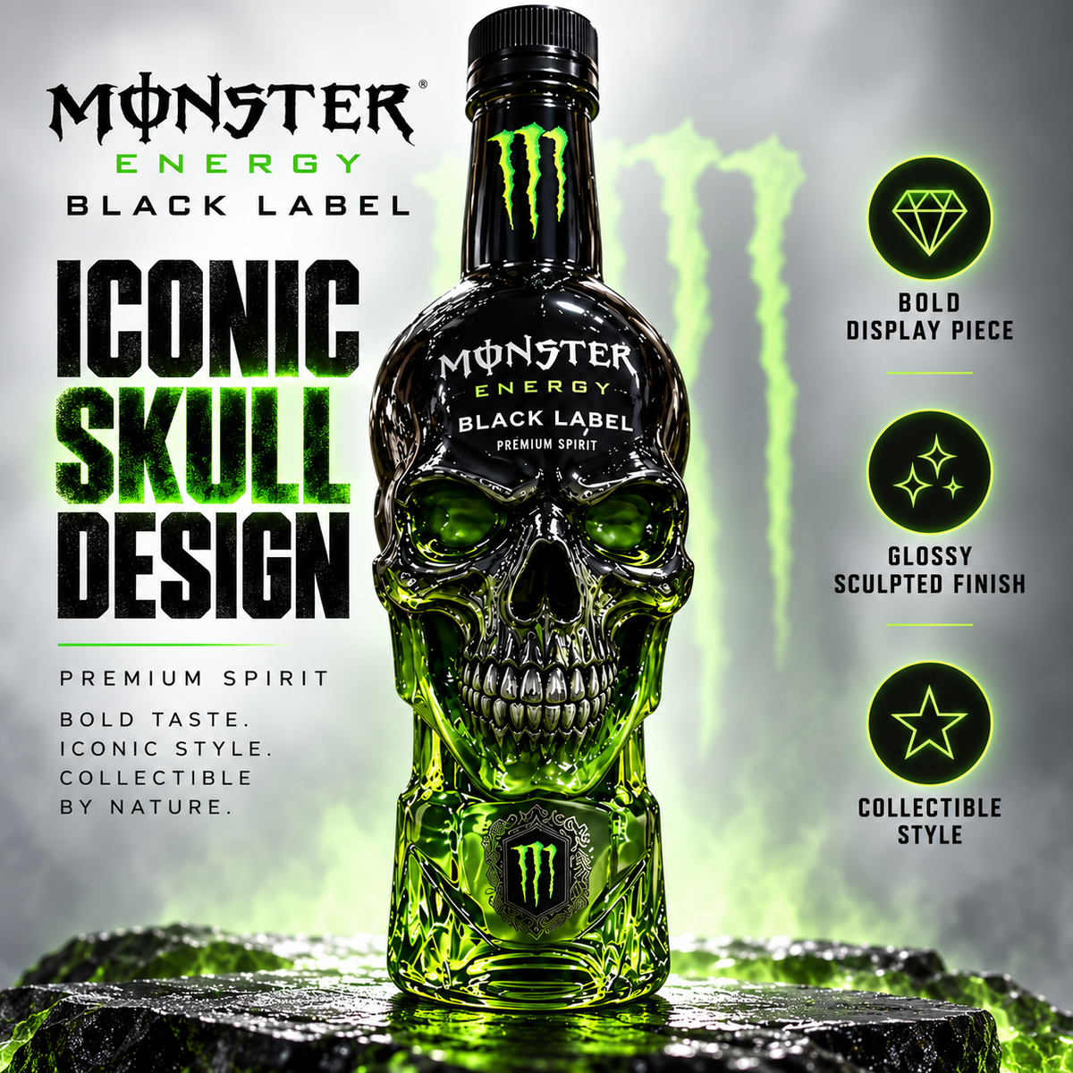 Monster Energy Black Label Skull Bottle 💀💚 | Dark Gothic Design �
