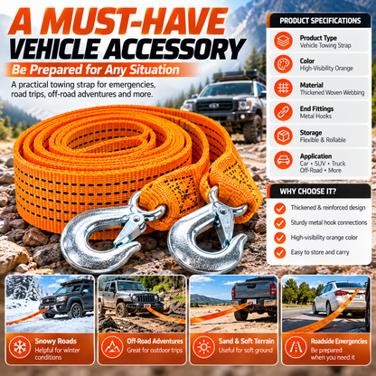 🚗 Heavy-Duty Tow Strap with Metal Hooks – Thickened High-Strength Vehicle Towing Rope