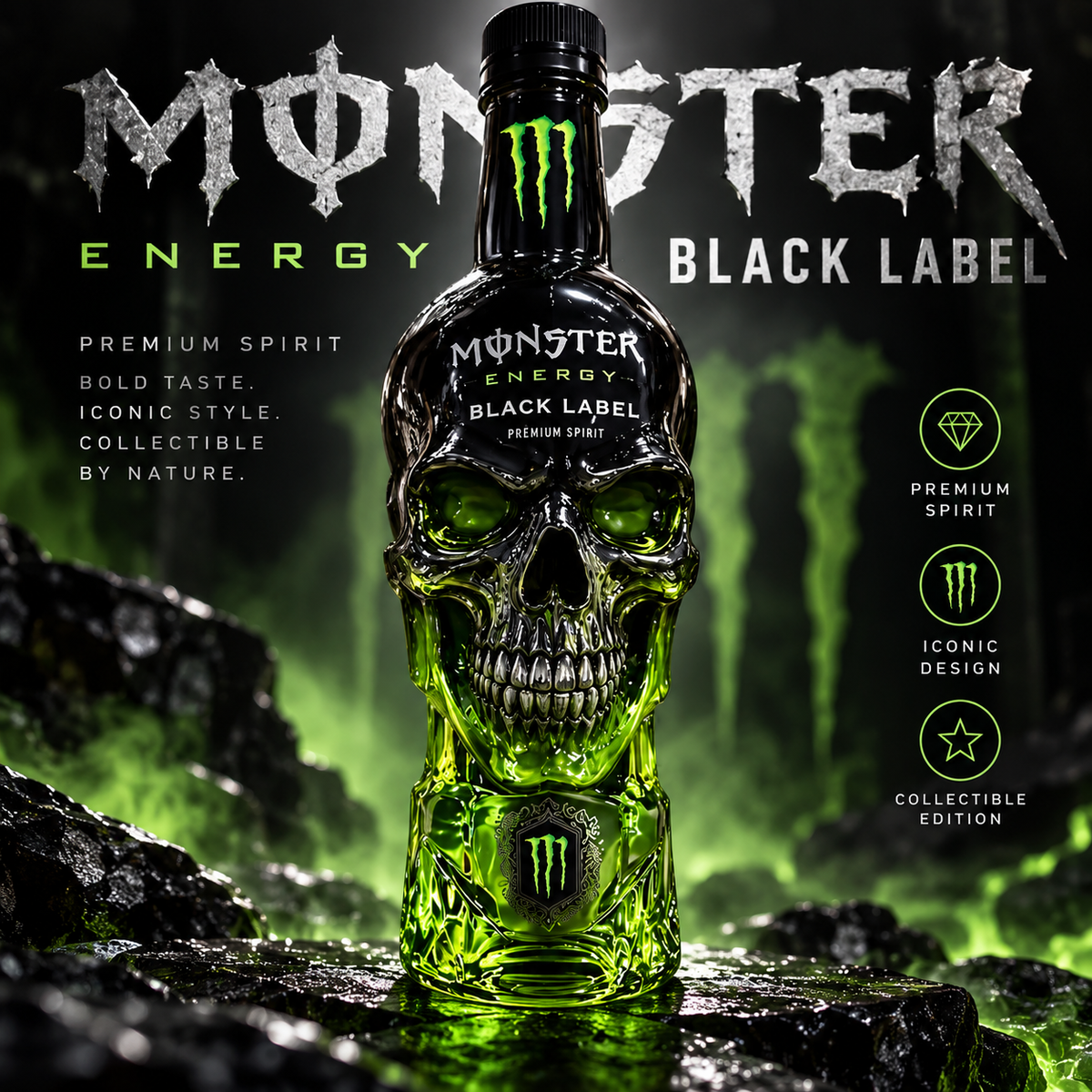 Monster Energy Black Label Skull Bottle 💀💚 | Dark Gothic Design �