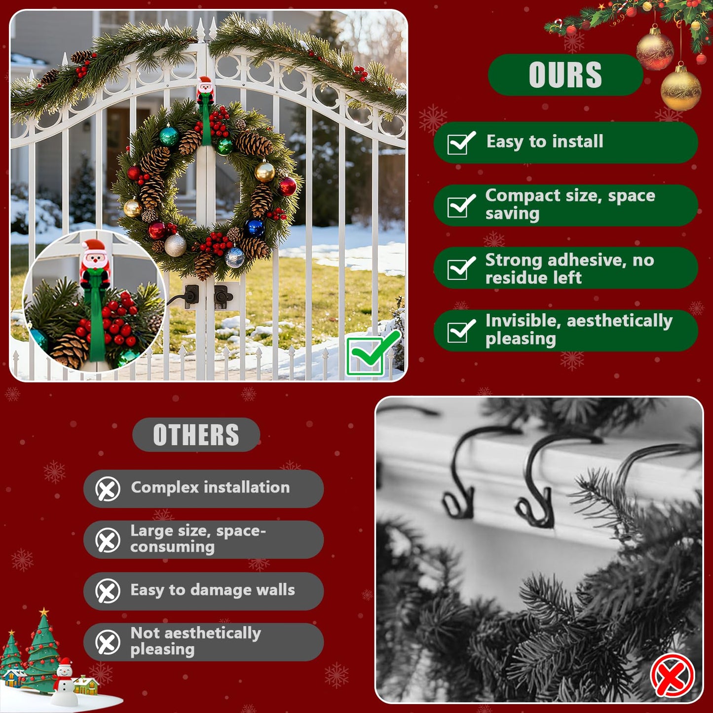 🎄🎅 Santa Claus Adhesive Hooks (12-Pack) — no drills, no nails, just peel, stick, and hang