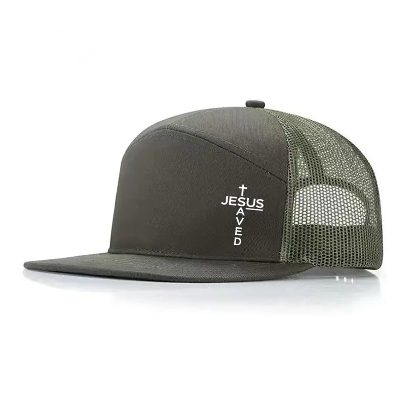 Unisex Printed Cross 'Jesus Saved' Flat Bill Trucker Hat - Color Block, Breathable Mesh