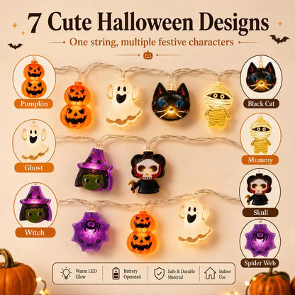 USB-Powered Pumpkin LED String Lights – Warm White Halloween Garland for Mantel, Window & Fall Home Decor