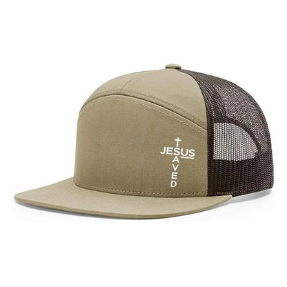 Unisex Printed Cross 'Jesus Saved' Flat Bill Trucker Hat - Color Block, Breathable Mesh