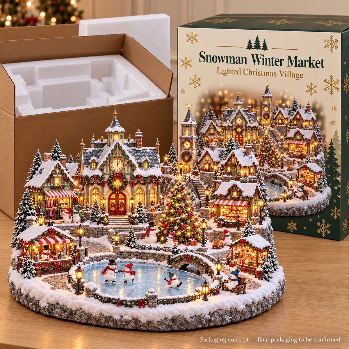 🔥Last Day 50%⛄Snowman Winter Village ⛄❄️ – Lighted Christmas Market Holiday Scene 🎄✨