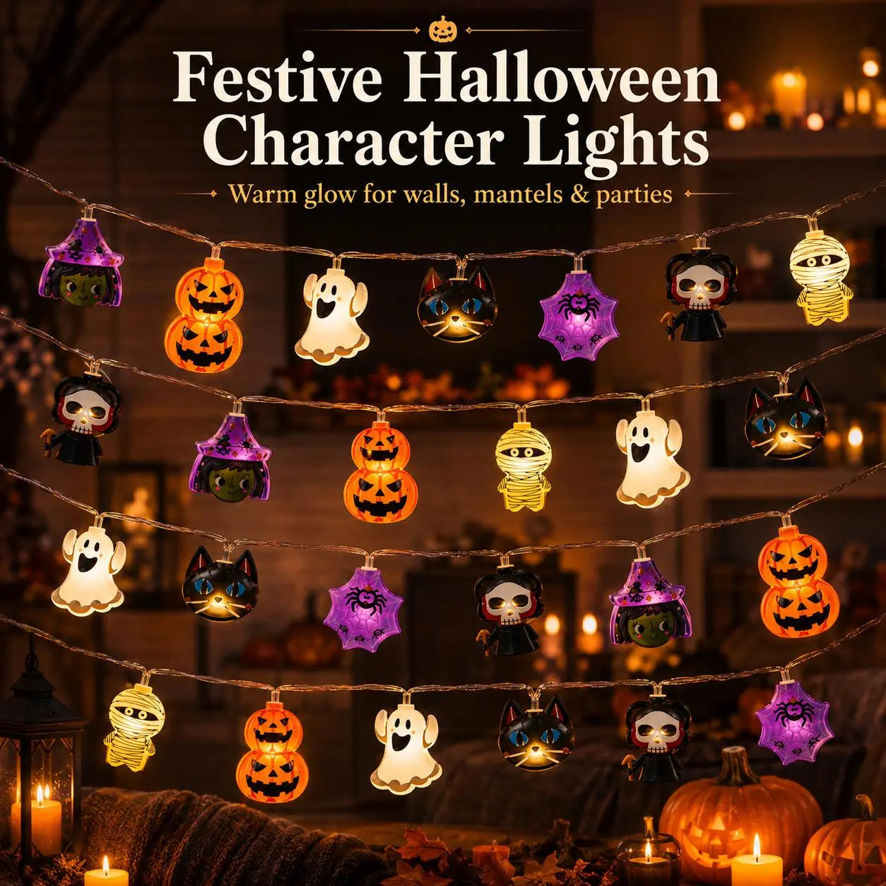 USB-Powered Pumpkin LED String Lights – Warm White Halloween Garland for Mantel, Window & Fall Home Decor