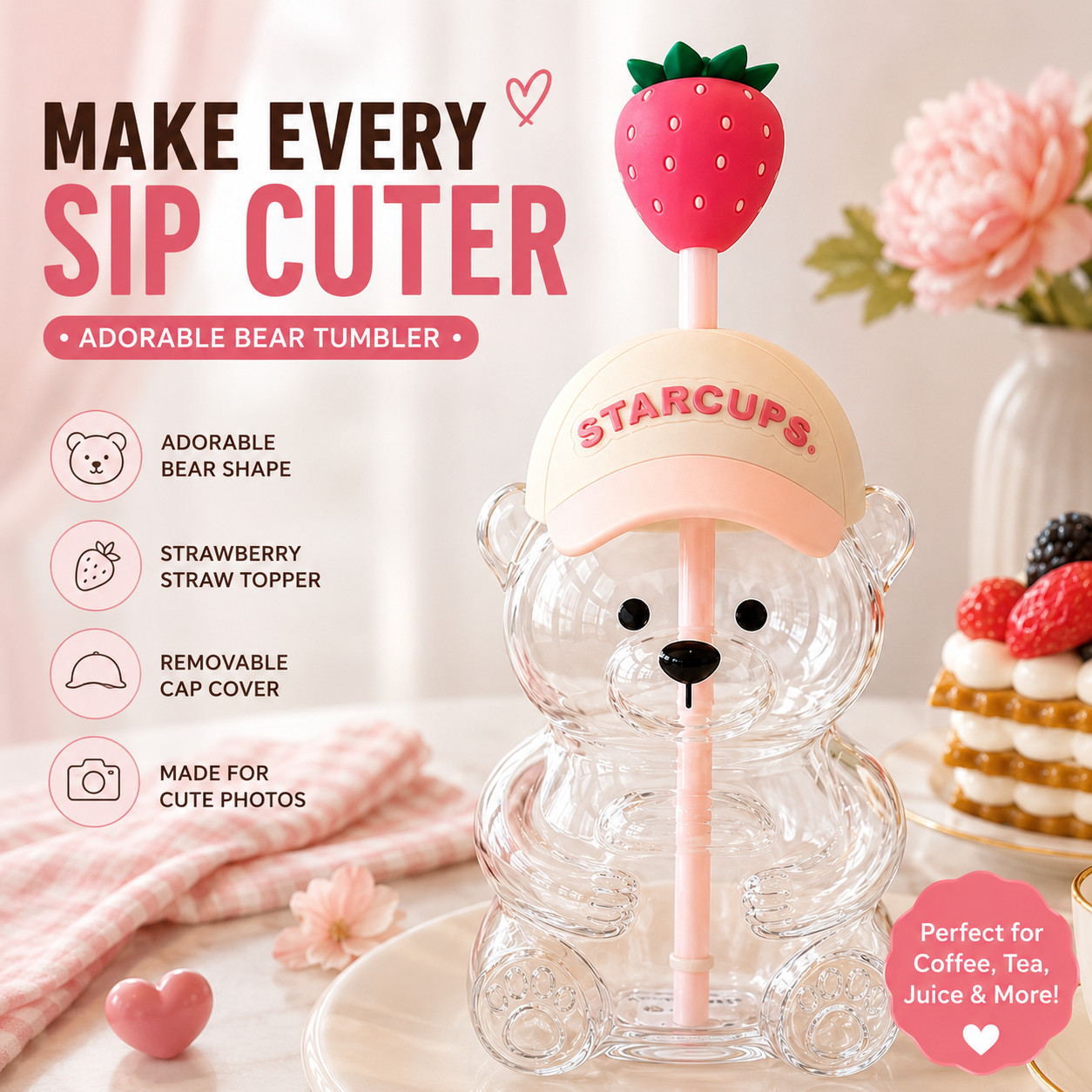 🔥 TODAY 49% OFF🐻Cute Teddy Bear Glass Tumbler with Bear Lid & Strawberry Straw – 20oz Reusable Cup