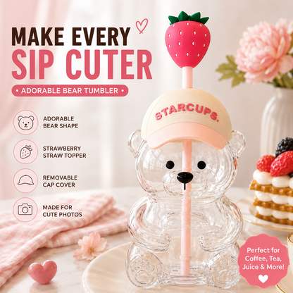 🔥 TODAY 49% OFF🐻Cute Teddy Bear Glass Tumbler with Bear Lid & Strawberry Straw – 20oz Reusable Cup