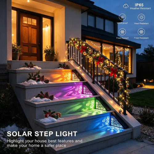Solar outdoor step lights, IP65 waterproof LED deck/stair lights, color-changing gradient lighting, automatic dusk-to-dawn warm white light, solar-powered.