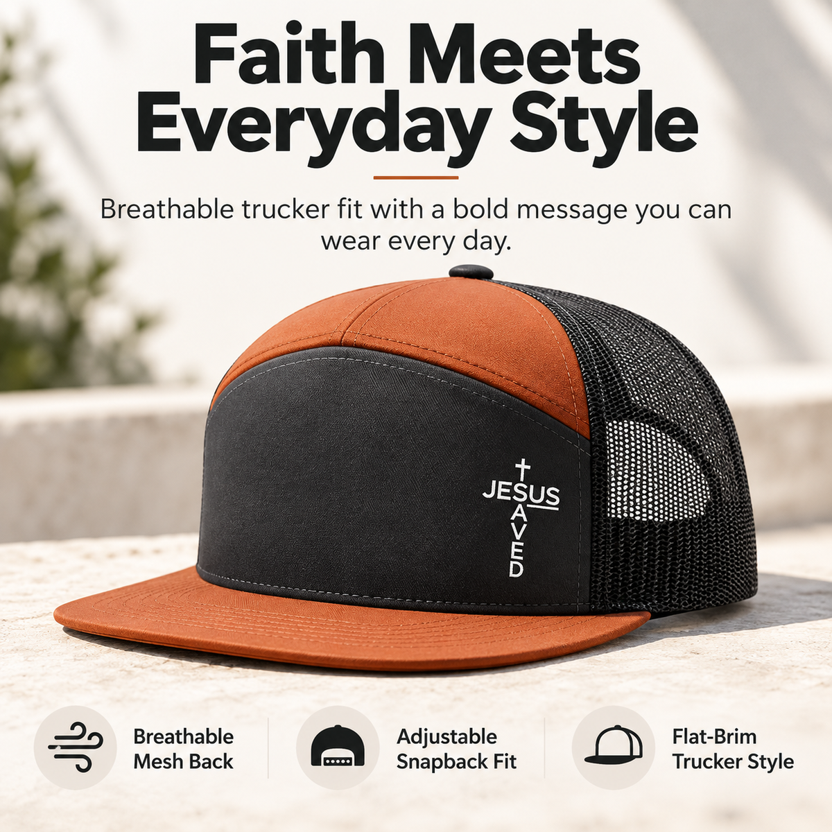 Unisex Printed Cross 'Jesus Saved' Flat Bill Trucker Hat - Color Block, Breathable Mesh