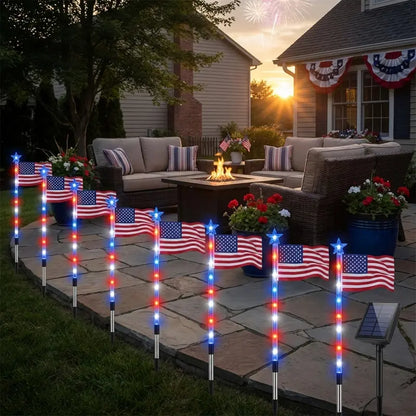 🤩🤩8-Piece Flag Light Set – 4th of July Decorations with 8 Lighting Modes – Ideal for Independence Day Pathways, Gardens, and Yard Decor