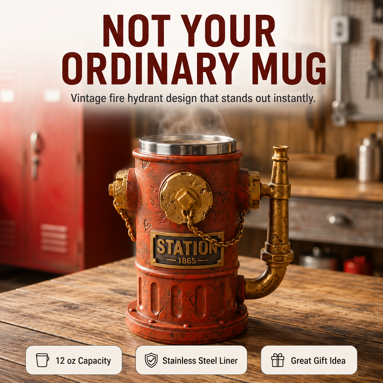 Vintage Fire Hydrant Mug – 12 oz Firefighter Gift with Stainless Steel Liner