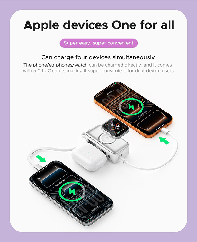 🔋3-in-1 Power Bank – Integrated Cable & Foldable Wall Plug – Wireless Watch Charger for iPhone & Android ✈️