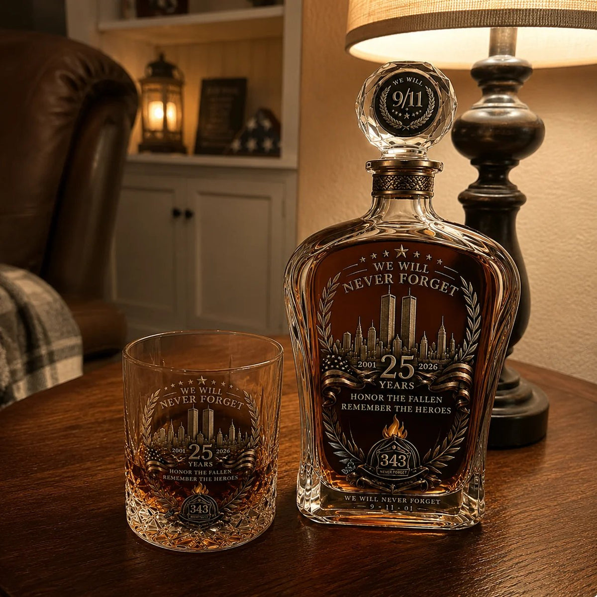🕯️ 9/11 25th Anniversary Memorial Whiskey Decanter & Glass Gift Set – We Will Never Forget 343 Heroes Tribute