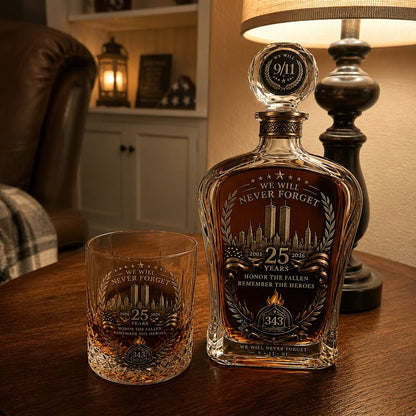 🕯️ 9/11 25th Anniversary Memorial Whiskey Decanter & Glass Gift Set – We Will Never Forget 343 Heroes Tribute