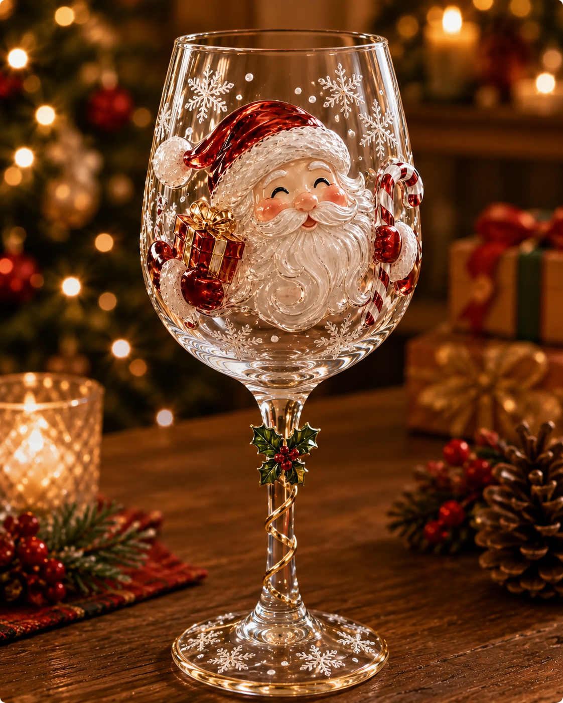 3D Christmas Glass Cup with Raised Holiday Artwork for Festive Drinks