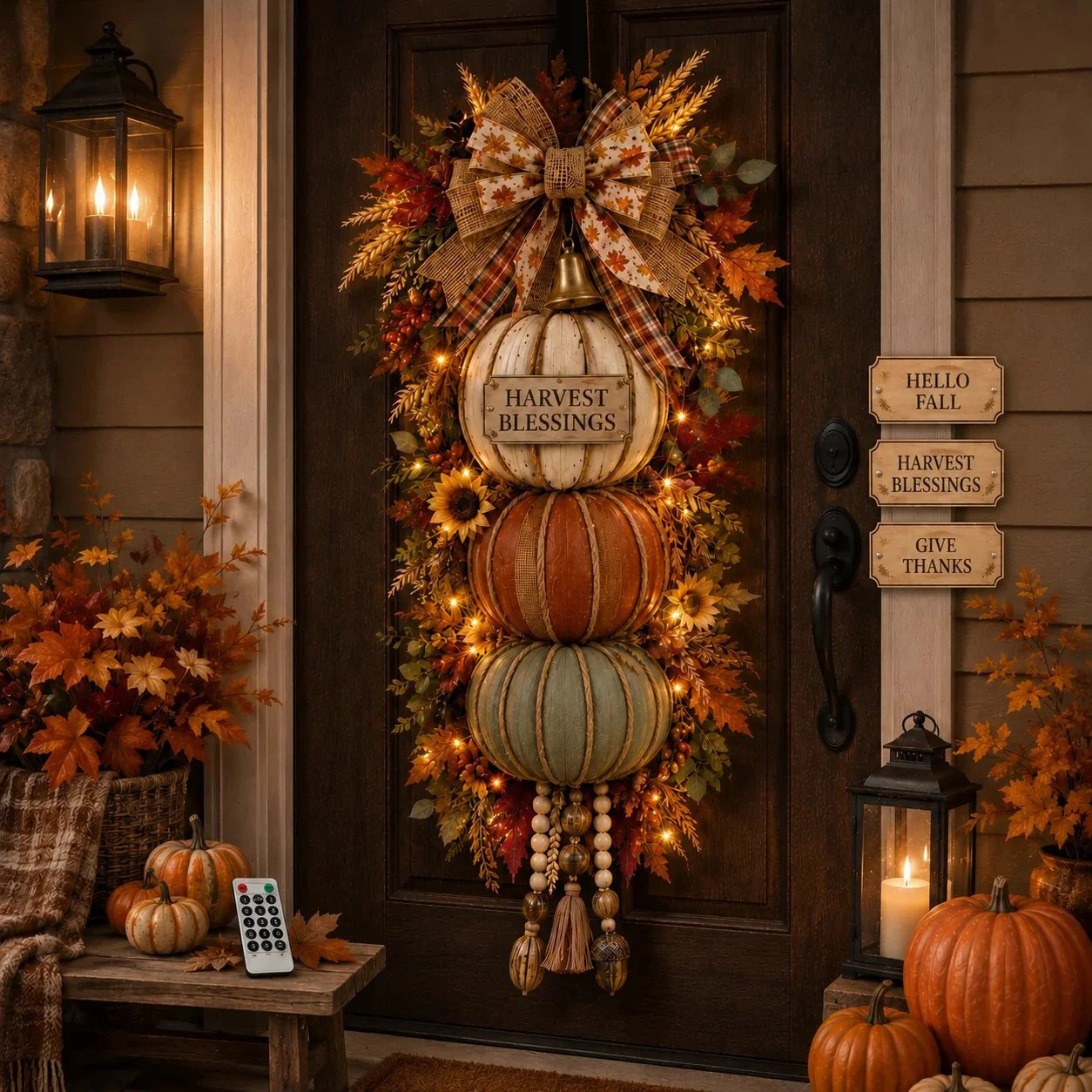 🔥 Limited-Time 50% OFF✨🏡🎃Lighted Stacked Pumpkin Fall Door Decor with 3 Seasonal Plaques